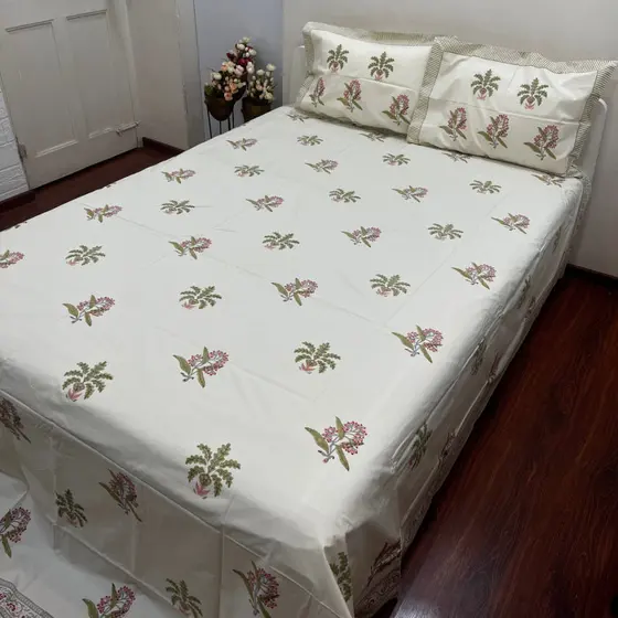 Artisanal Green Floral Block Print Bedsheet