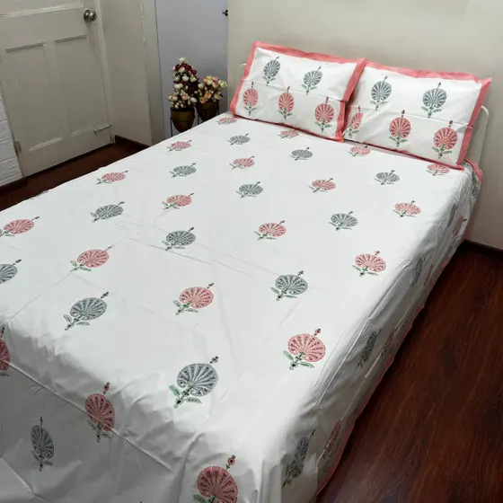 Artisanal Pink Buta Block Print Bedsheet