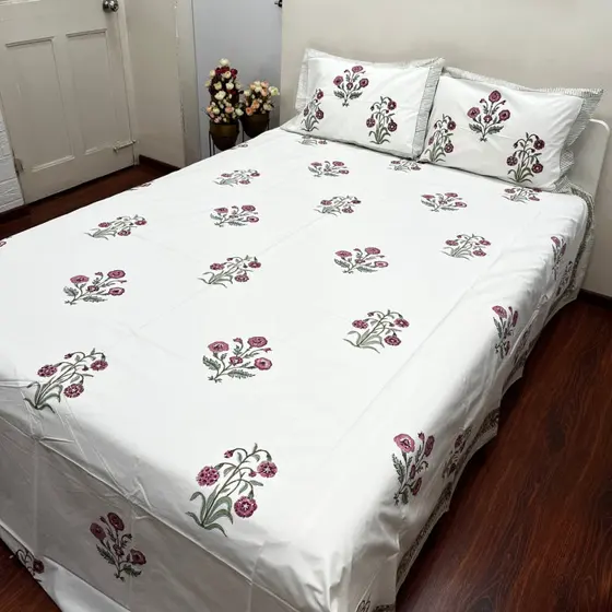 Artisanal Red Mariegold Block Print Bedsheet