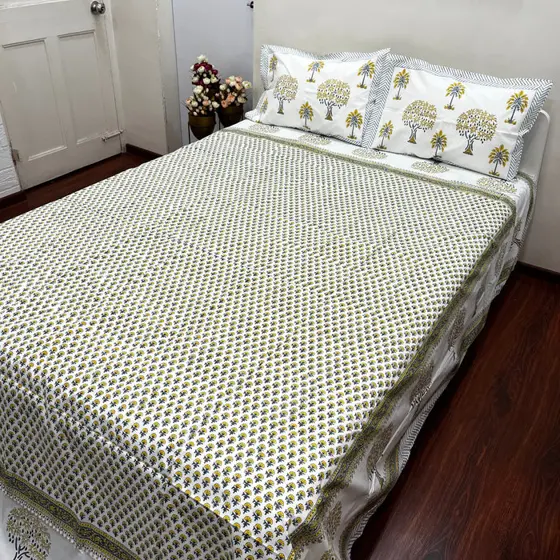 Artisanal Yellow Floral Block Print Bedsheet