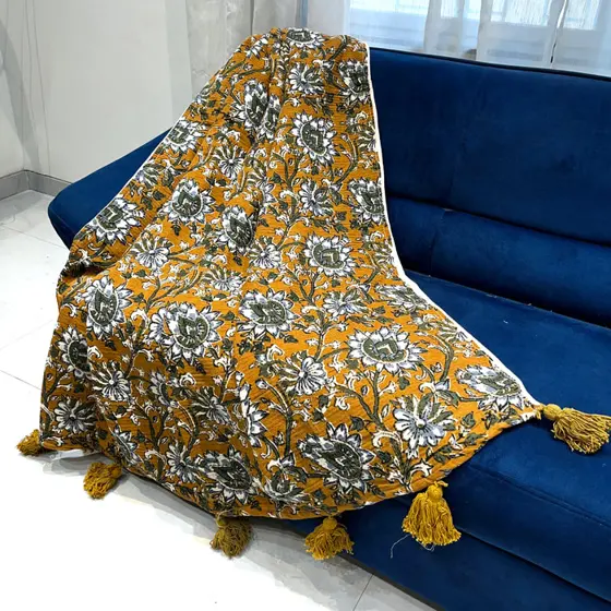 Effortless Yellow Floral Cotton Sofa Throw