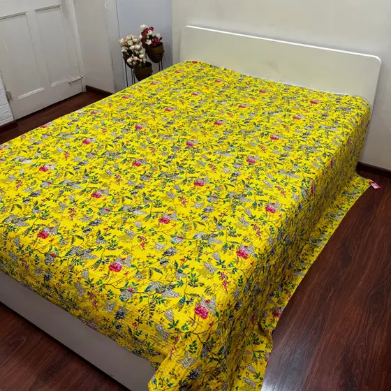 Printed Yellow Floral Kantha Bedcover