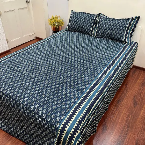Timeless Denim Blue Ajrak Bedsheet