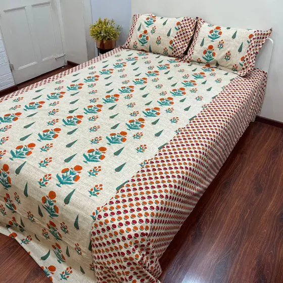 Timeless White Floral Ajrak Bedsheet
